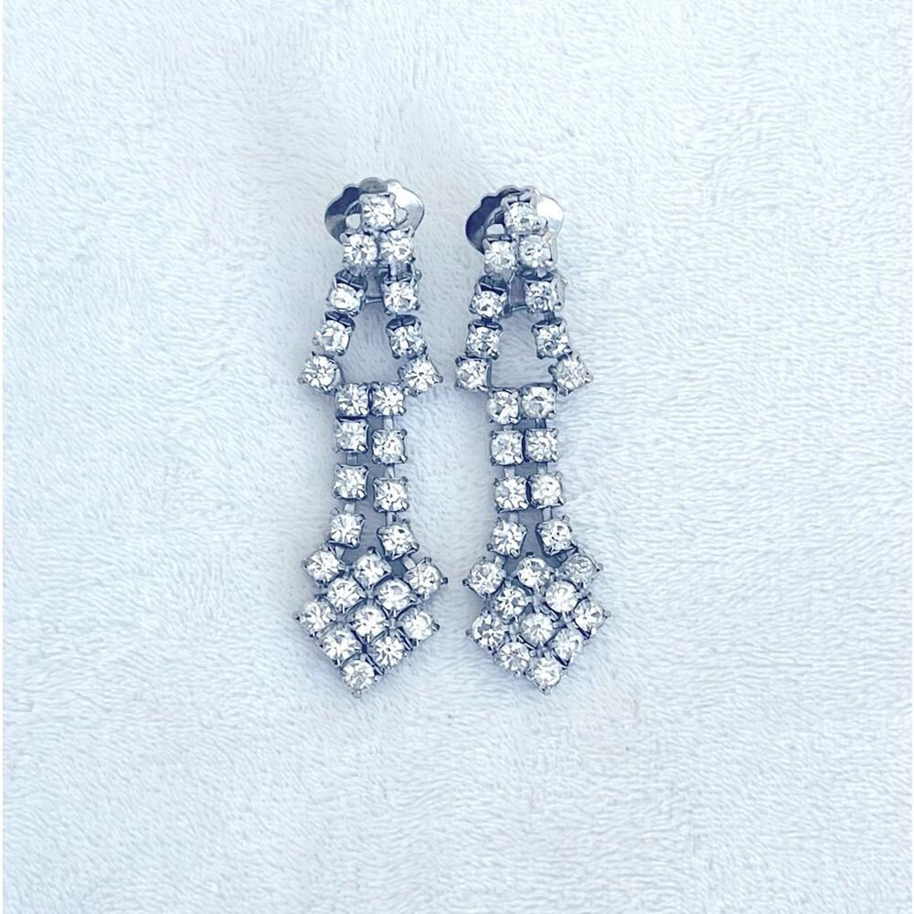 Vtg Clear Rhinestone Art Deco Dangle Drop Earrings Clip-On MCM Silver Tone